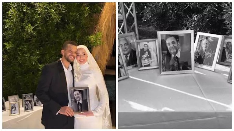 ابنة محمد مرزبان تحمل صورة والدها الراحل في حفل زفافهار